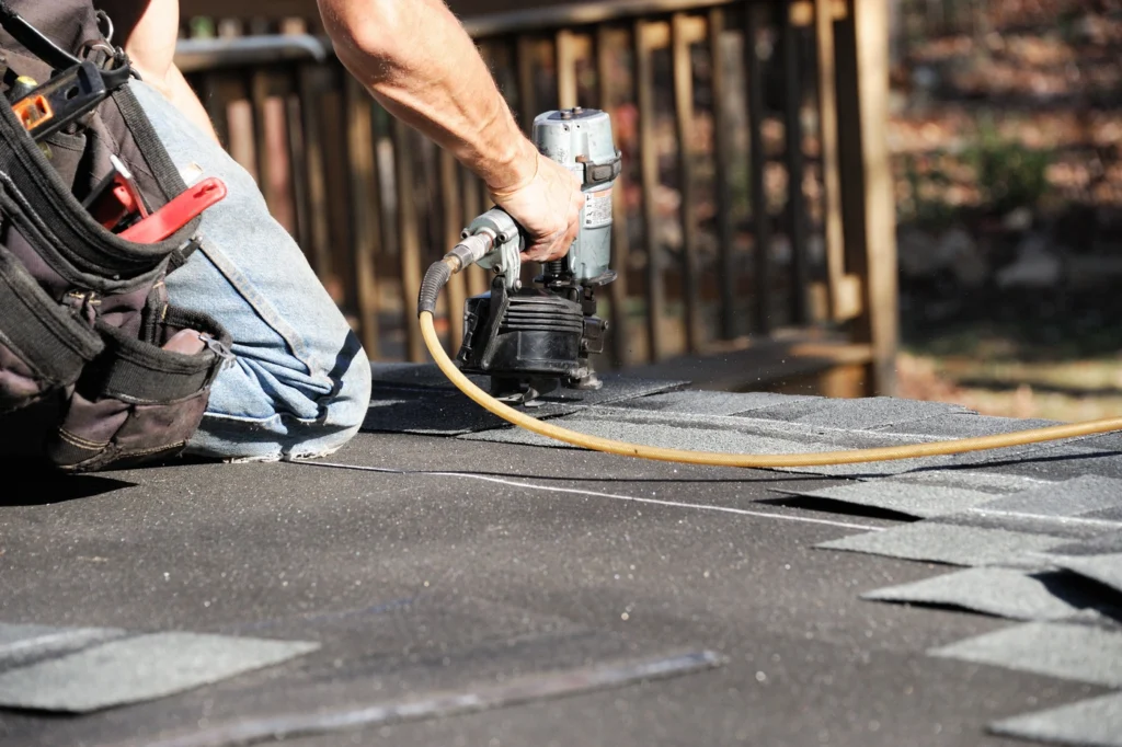 close up of roof underlayment and architectural shingle installation