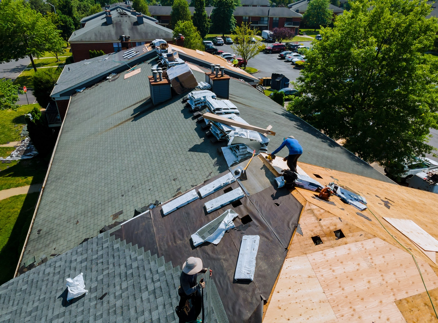 aerial view of new architectural shingle roofing system installation