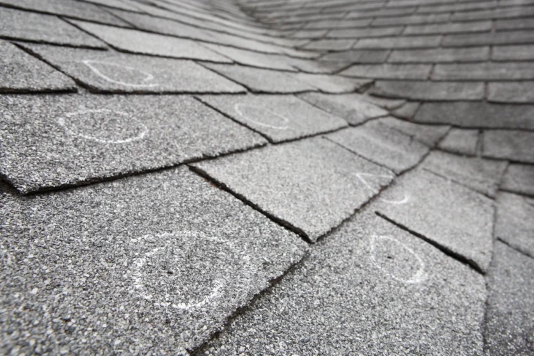 close up of hail damage on roof circled in white