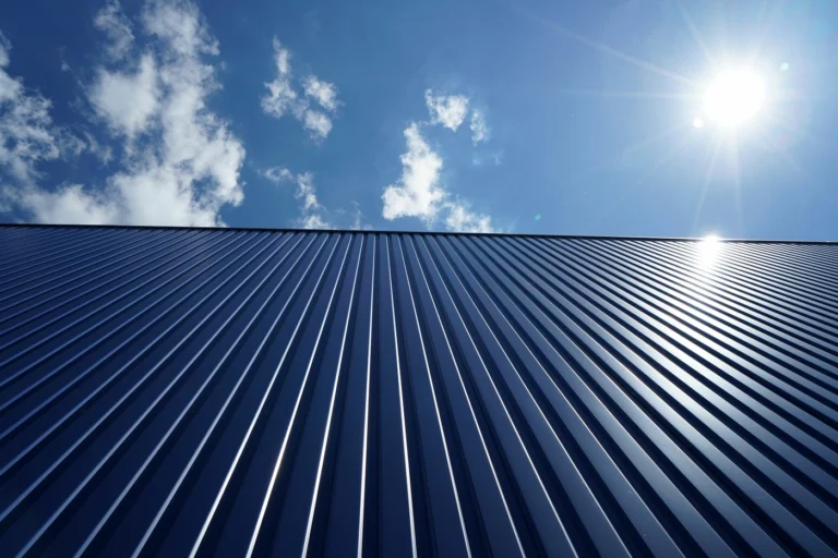 close up view of steel metal roofing installed on residential home