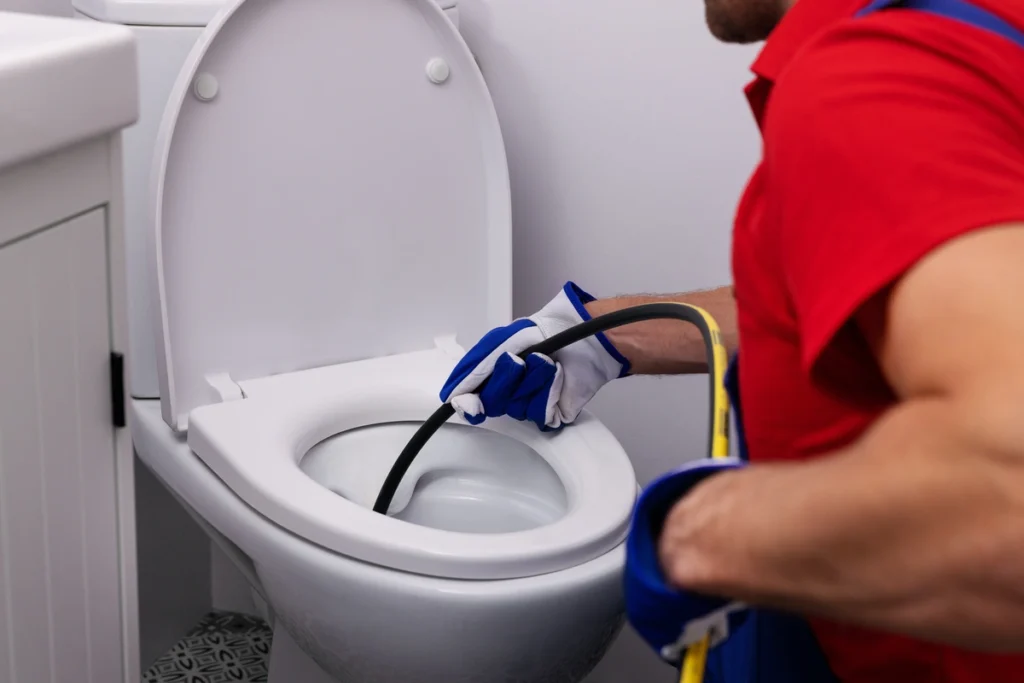 using tool to unclog toilet